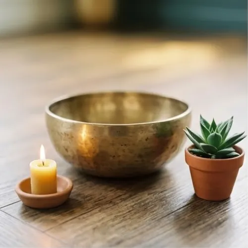 Singing bowl, candle and small plant