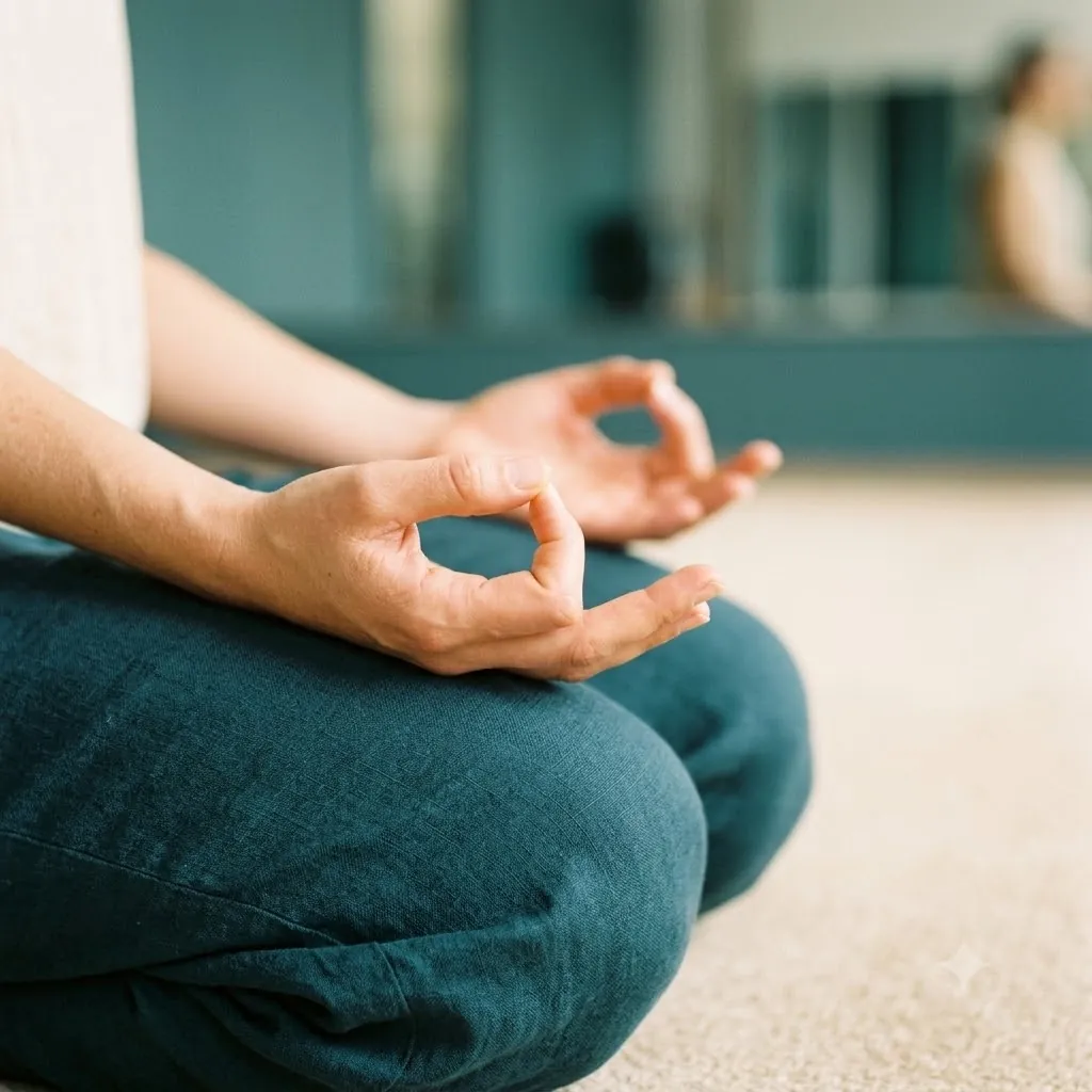 Hands resting on crossed legs in a meditation mudra