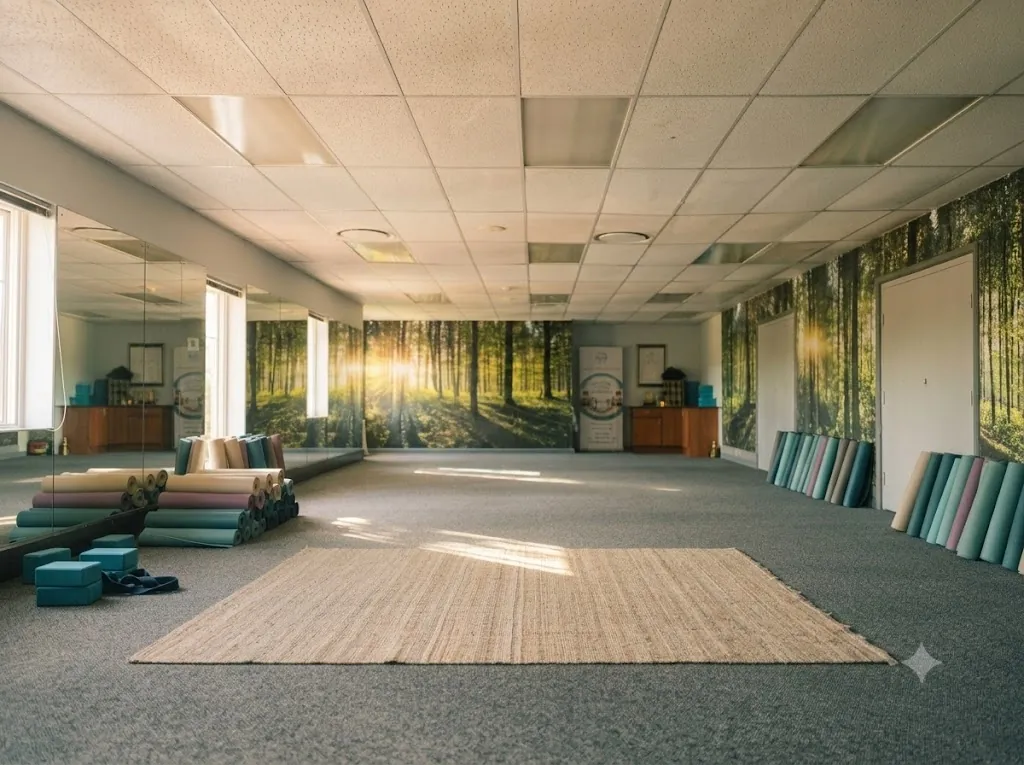 Yoga studio with mats, bolsters and a forest mural on the walls